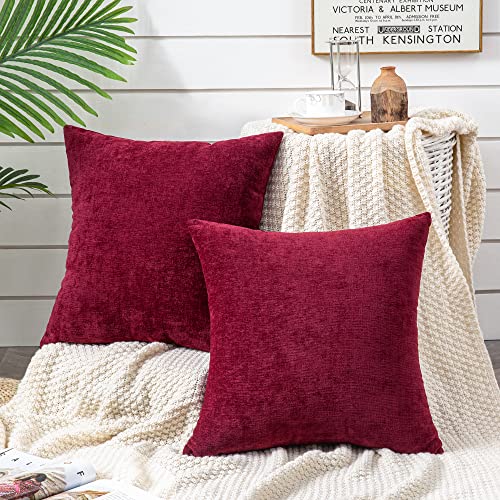 Gawamay Decorative Square Throw Pillow Covers 22X22 Inch Set Of 2, Super Soft Chenille Pillows Farmhouse Fall Pillowcase For Living Room Bedroom Sofa Couch Cushion Cover Burgundy Red 55X55Cm #TOP1