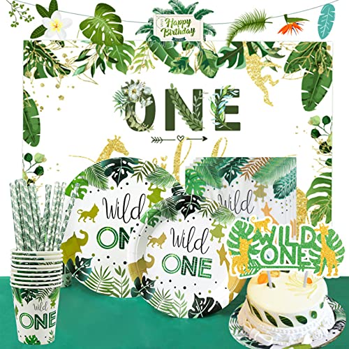 Pappteller Kindergeburtstag,Baby shower deko,100Stück Partygeschirr, safari geburtstagsdeko Partygeschirr set mit Papiertellern, Bechern, Strohhalmen und Seidenpapier ( 20 Gäste),Babyparty Deko junge Cover
