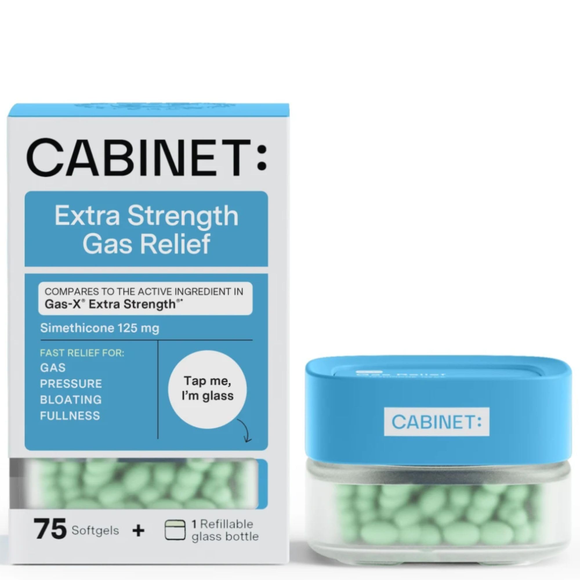 Cabinet: Extra Strength Gas Relief for Adults w/Active Ingredient Simethicone 125 mg Compares to Gas-X Extra Strength®, Relief for Bloating, Burping, & Cramps, 75 Softgels (Refillable Glass Bottle)