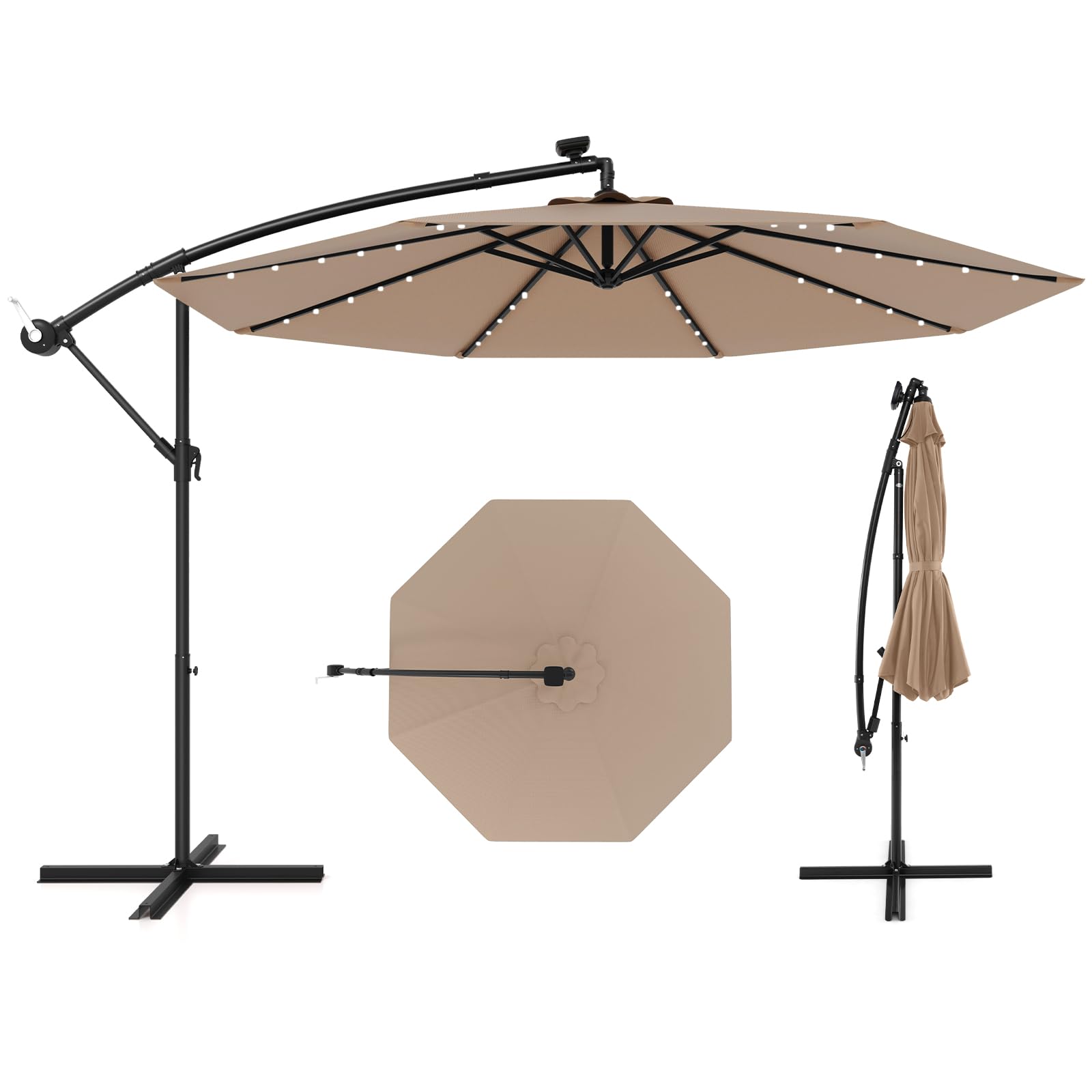 GOPLUS Parasol Déporté 3x3M, Grand Parasol de Jardin Extérieur avec 32 LED Solaires, 8 Baleines, Protection Solaire, Toile Inclinable, Rotatif à 360° pour Balon Patio Terrasse