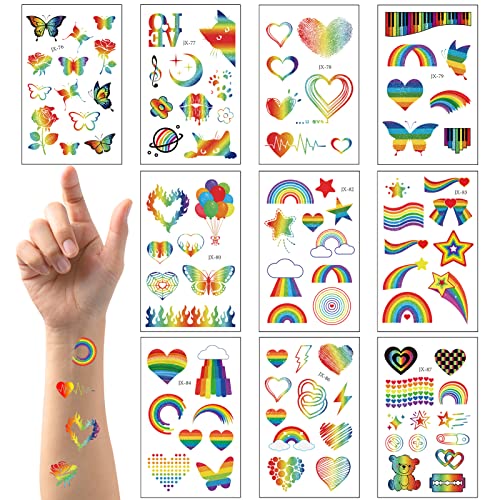 Pride Temporary Tattoos- 10 Sheets Skin-safe Gay Rainbow Tattoos, Butterfly Heart Star Waterproof LGBT Tattoo Stickers for Pride Day Parades and Festival Celebrations Supplies, Glitter Style