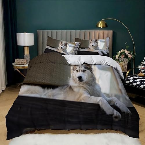 Juego de funda de edredón tamaño King Husky con estampado de perro, funda de edredón de microfibra suave y 2 fundas de almohada de 20 x 36 pulgadas,