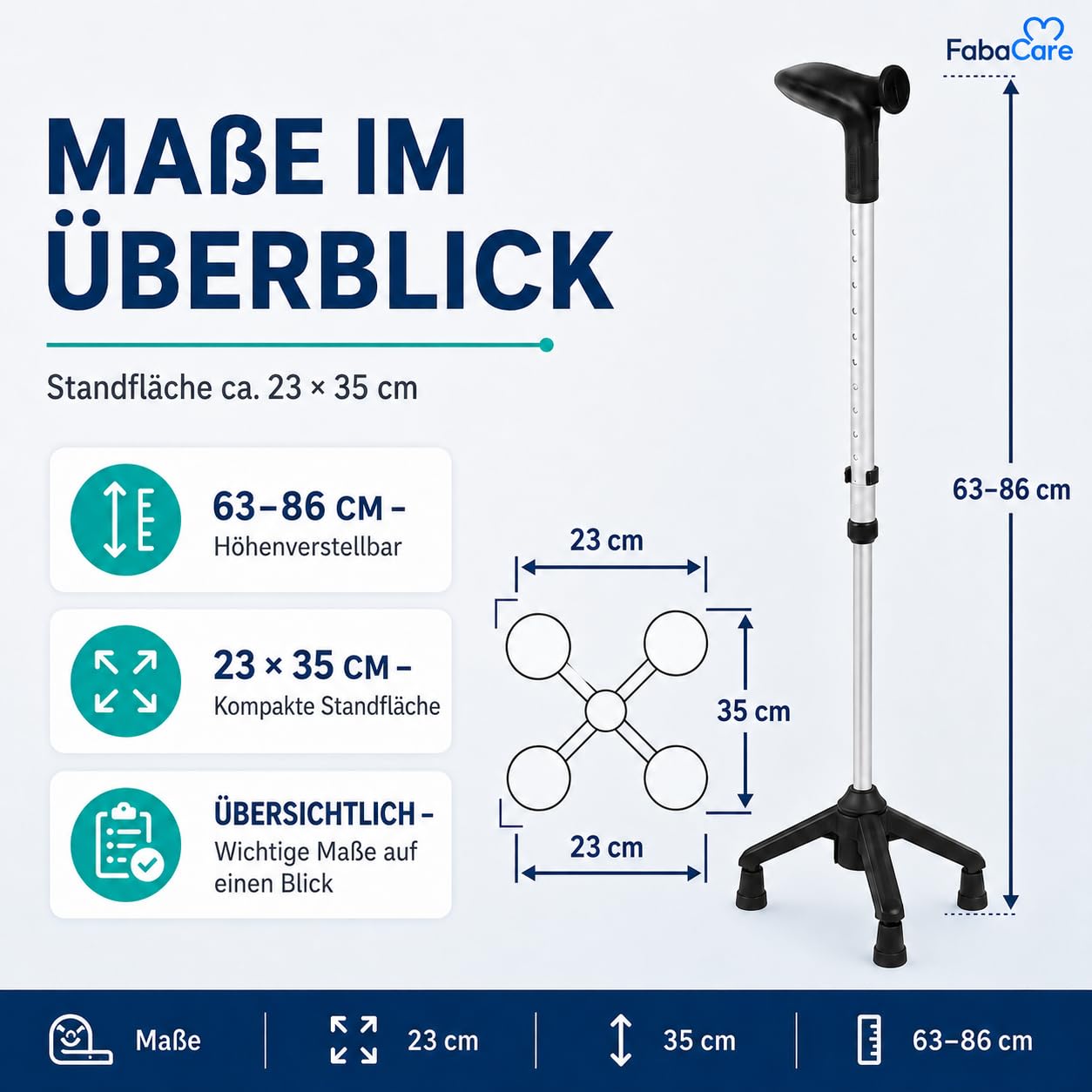 FabaCare Vierfuß Gehstock Quadro mit anatomisch geformten Griff, Vierfußgehstütze, Vierfußgehhilfe, Gehhilfe, Gehrahmen bis 100 kg
