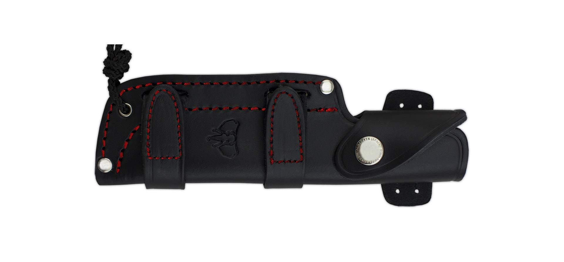 Cudeman Cuchillo 120-M MT-5 Hoja de Acero Inoxidable Böhler N-695 de 11 cm empuñadura de micarta Negra de 11,5 cm Funda de Cuero para Caza, Pesca, Supervivencia y bushcraft + Portabotellas Regalo