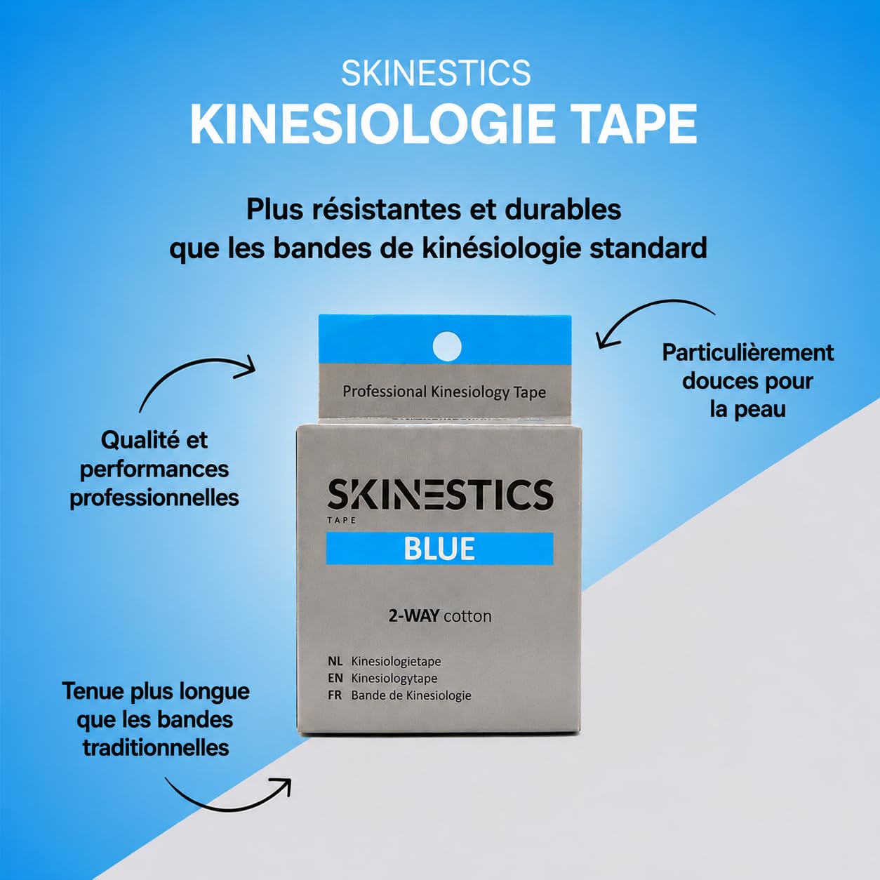 Skinestics | Bandes de Kinésiologie 4-Way Bleu | 3 Rouleaux | 600cm x 5cm | Genou, Cheville | K Tape, Strap Sport, Leukotape | Kinesio Tape & Bande Strapping Adhésif | Ruban Athlétique Élastique