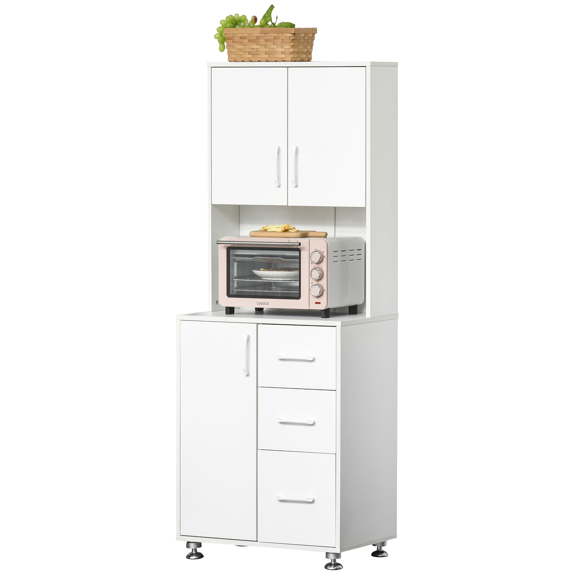 HOMCOM Modern Kitchen Cupboard with Storage Cabinets, 3 Drawers and Open Countertop for Living Room, White