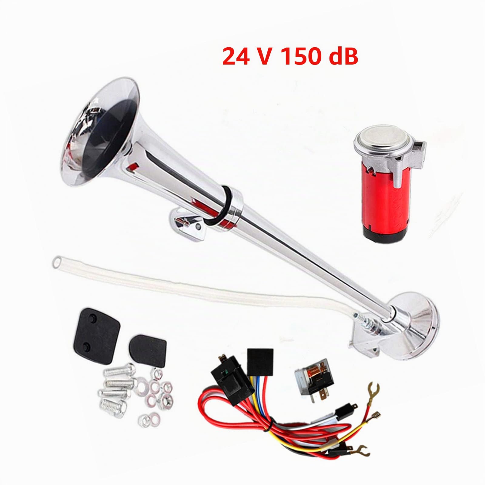 Klaxon de Voiture Chrome Zinc 150DB 45cm Trompette Simple Avec Compresseur de Pompe à Air Rouge Pour 24V Camion Bateau