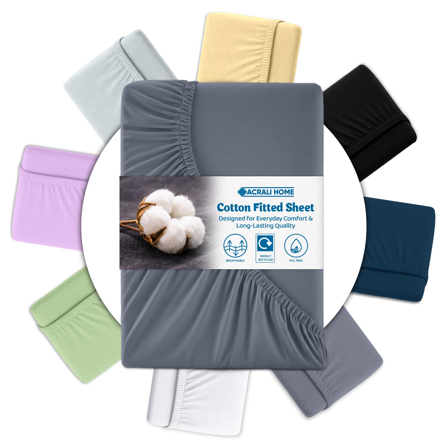 Acrali Home Gray Egyptian Cotton Double Fitted Sheet 137x190 cm - 200 Thread Count, Deep Pocket - Ultra Soft Hotel Quality, Breathable & Hypoallergenic Bottom Bed Sheet โ image 1