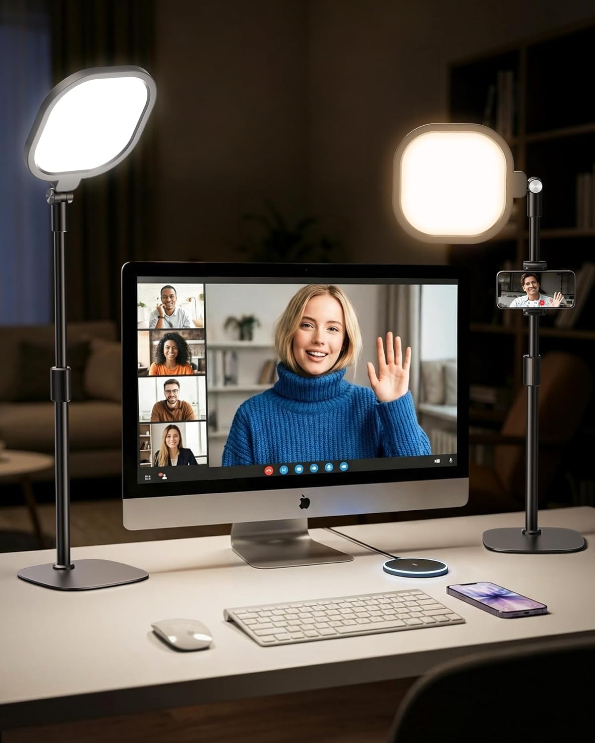 Lampa pierścieniowa na biurko ze stojakiem, lampa pierścieniowa z uchwytem na telefon, ściemniana lampa do laptopa do połączeń wideo, streamingu, kamery internetowej, makijażu, spotkań Zoom