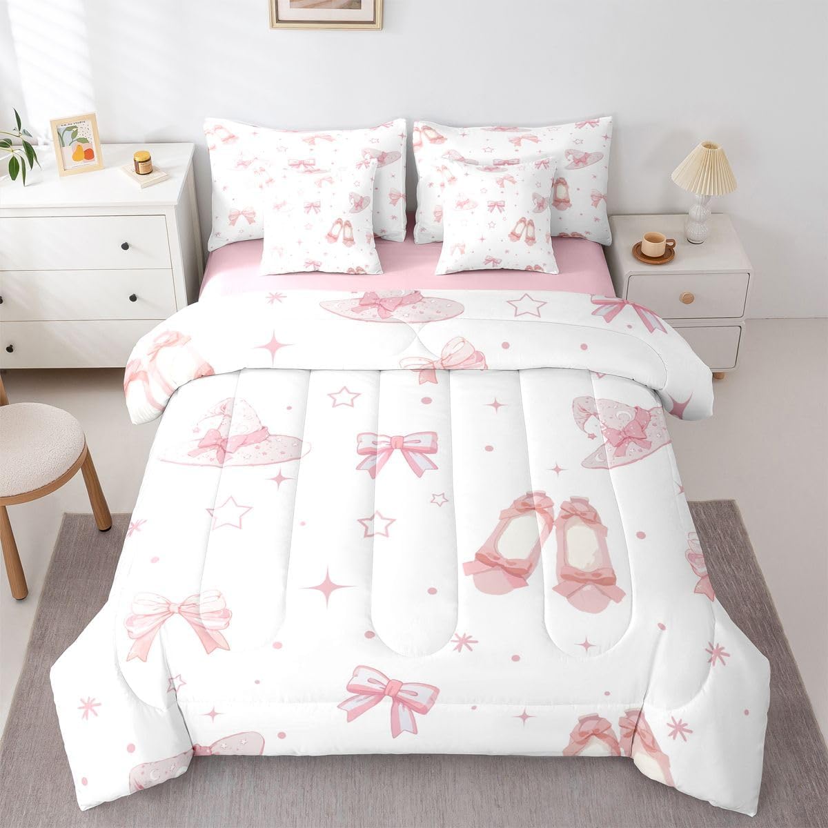 Erosebridal Pink Bows 7 Piece Bedding Set Twin Coquette Bows Comforter Set with Sheets Girly Cute Bow Bed in A Bag Dreamy Princess Style Bed Sets with 2 Pillowcases, 2 Throw Pillow Covers,
