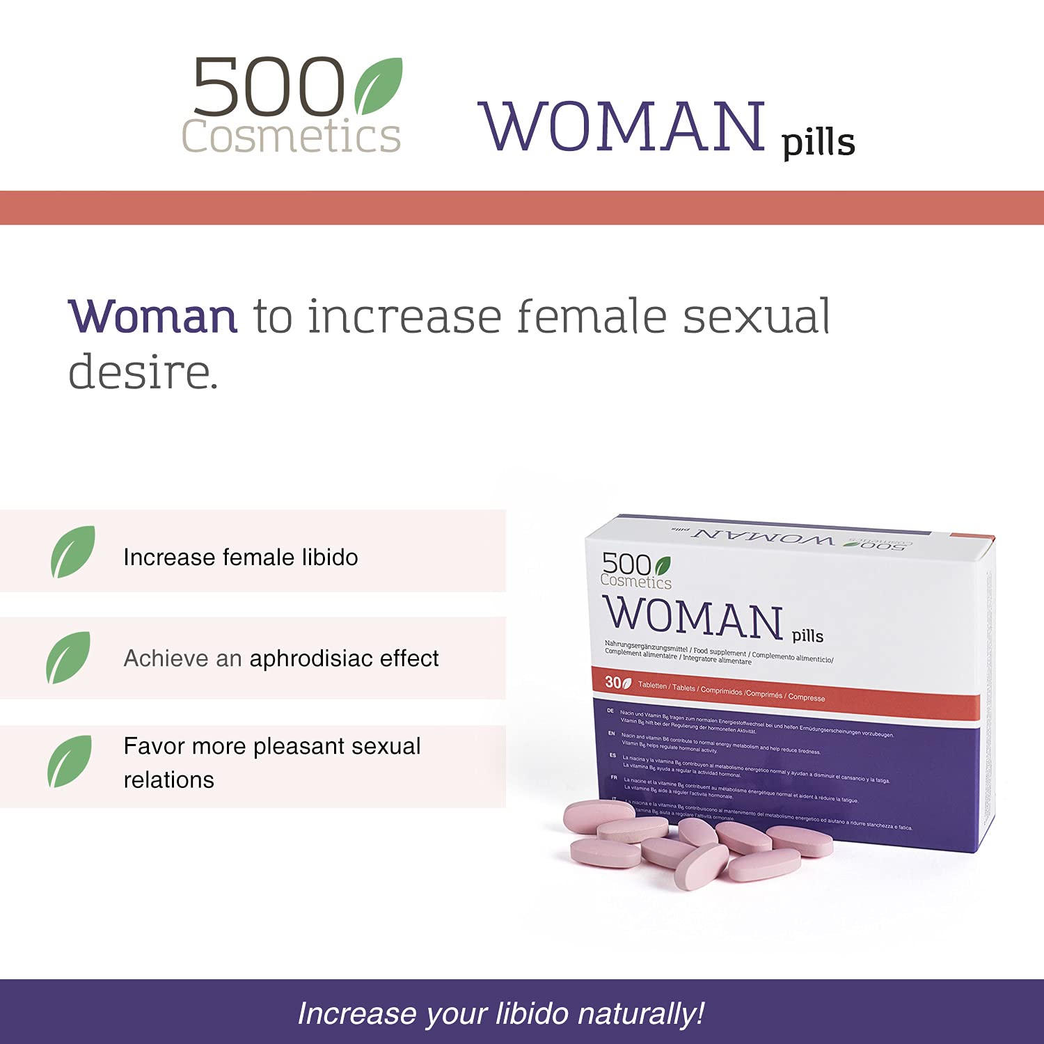 500Cosmetics Woman-Natürliche Tabletten zur Entlastung der Symptome der Menopause, hormonelle Regulation und Erhöhung der Libido – hergestellt und registriert in der EU (3)