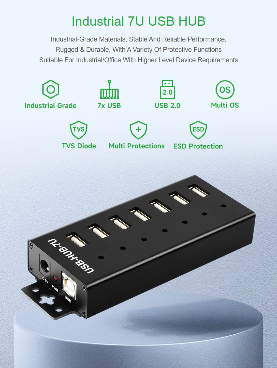 Waveshare HUB USB di grado industriale che estende 7 porte USB 2.0 stabili e affidabili Prestazioni robuste e durevoli con una varietà di funzioni di protezione
