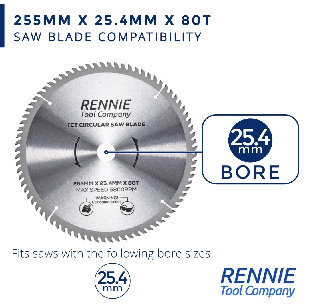Rennie Tools - Confezione da 2 lame circolari per legno, 255 mm x 80T x 25,4 mm, foro TCT, adatte per seghe Evolution e Evolution Rage. Lame per sega da 255 mm, foro da 25,4 mm con 80 denti