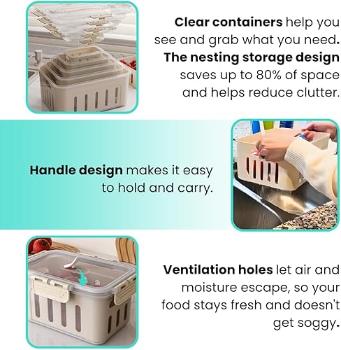 Miniatura 5 de Paquete de 5 recipientes de frutas para refrigerador que se mantienen frescos, recipientes herméticos para alimentos con tapas, protector de