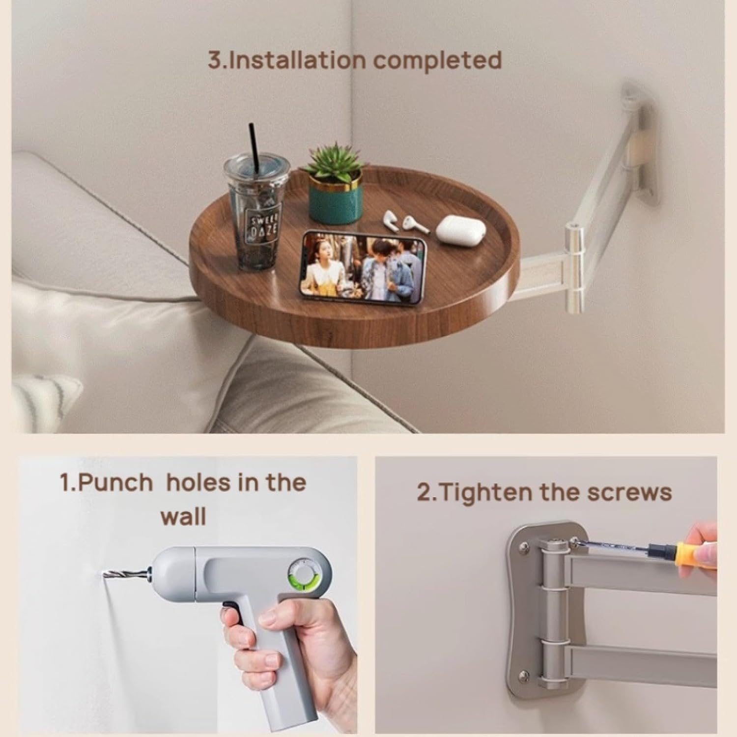 Tavolino Rotondo Pieghevole Da Parete, Tavolino Girevole Salvaspazio Con Braccio Regolabile, Tavolino Laterale Pieghevole Da Appendere Per Piccoli Spazi, Camera Da Letto, Soggiorno(White)