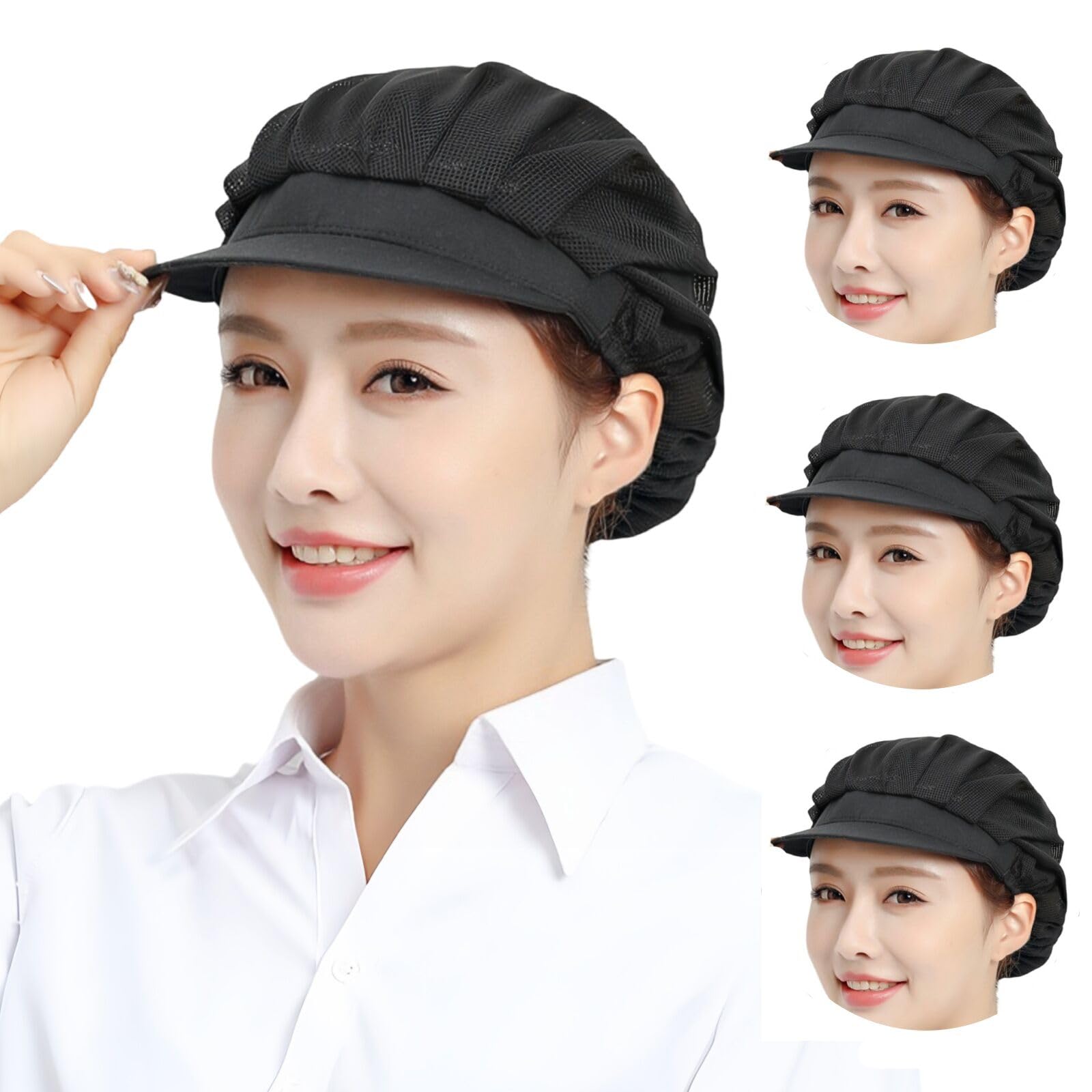 DUOYIJIN Mesh Chefs Hats 3PCS Unisex Elastic Hair Nets Restaurant Kitchen Cooking Hats Industrial Workshop Catering Caps Adjustable Reusable Food Service Hat for Waitress Workers Bakers, Black