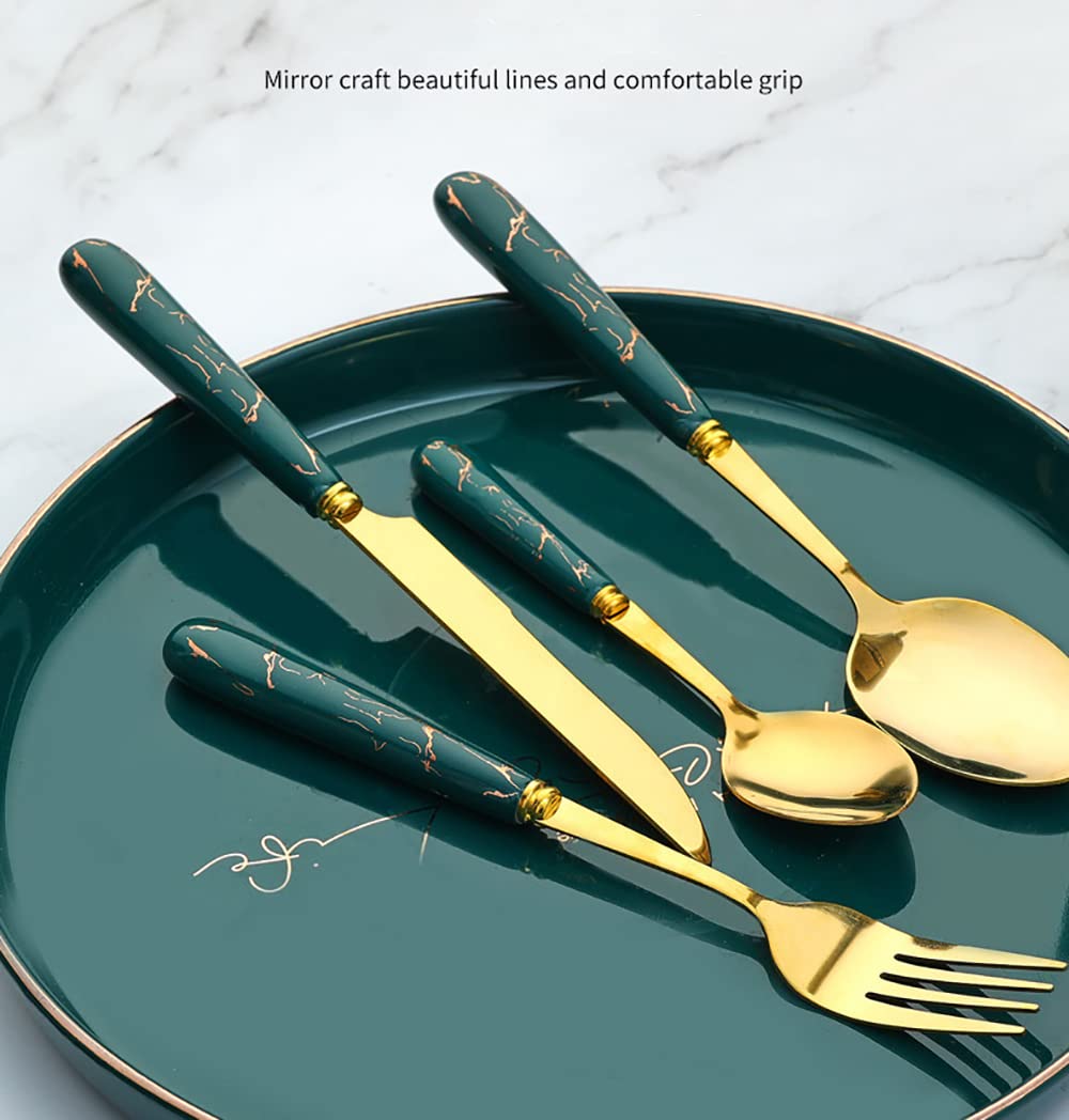 Besteckset Edelstahl mit Organizer-Tasche Reise Camping Besteck Geschirr Geschirr Set für Picknick Schule Messer Gabel Löffel Set Gold (12 Sets mit 48 Stück) Grün