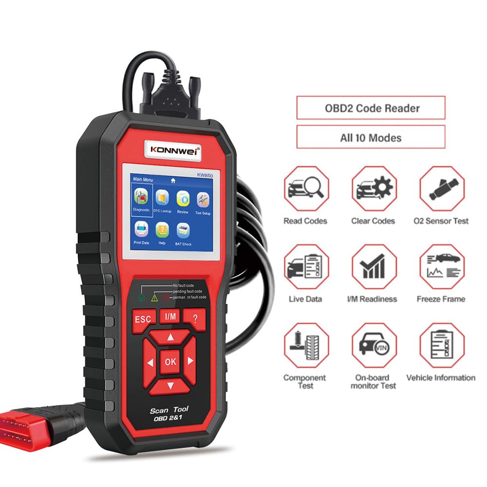 KONNWEI KW850 OBD2 Diagnosis Coche, Maquina Diagnosis Coche Multimarca 10 Funciones,con Todas Las Funciones OBD2,para vehículos Fabricados a Partir del año 2000,actualización Gratuita de por Vida