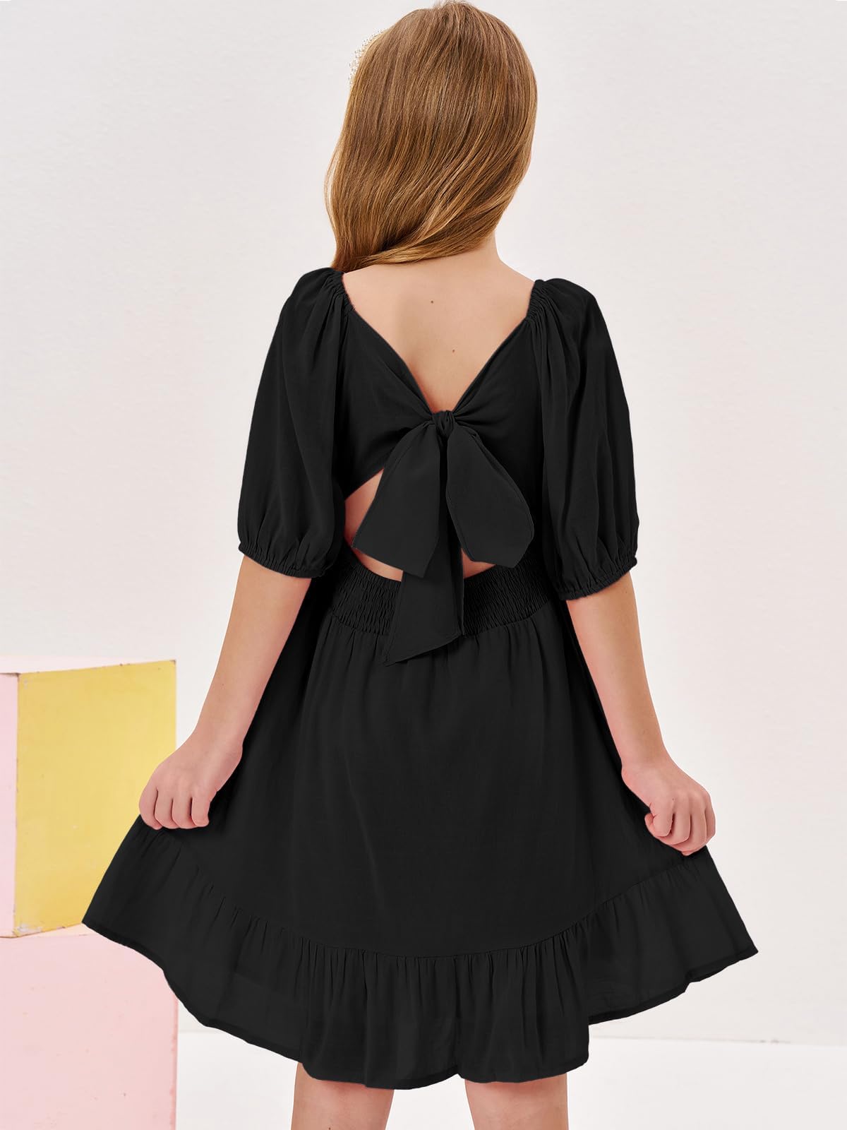 Haloumoning Mädchen Sommerkleider Kurzarm Quadratischer-Ausschnitt Schnürung Rückenfrei Rüsche A-Linie Party Minikleid
