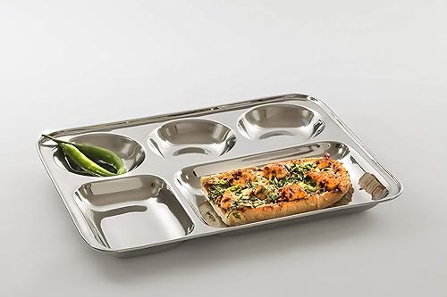 Miniatura 5 de Khandekar - Platos rectangulares de acero inoxidable con 5 compartimentos, bandejas para desorden, platos divididos para alimentos, platos de