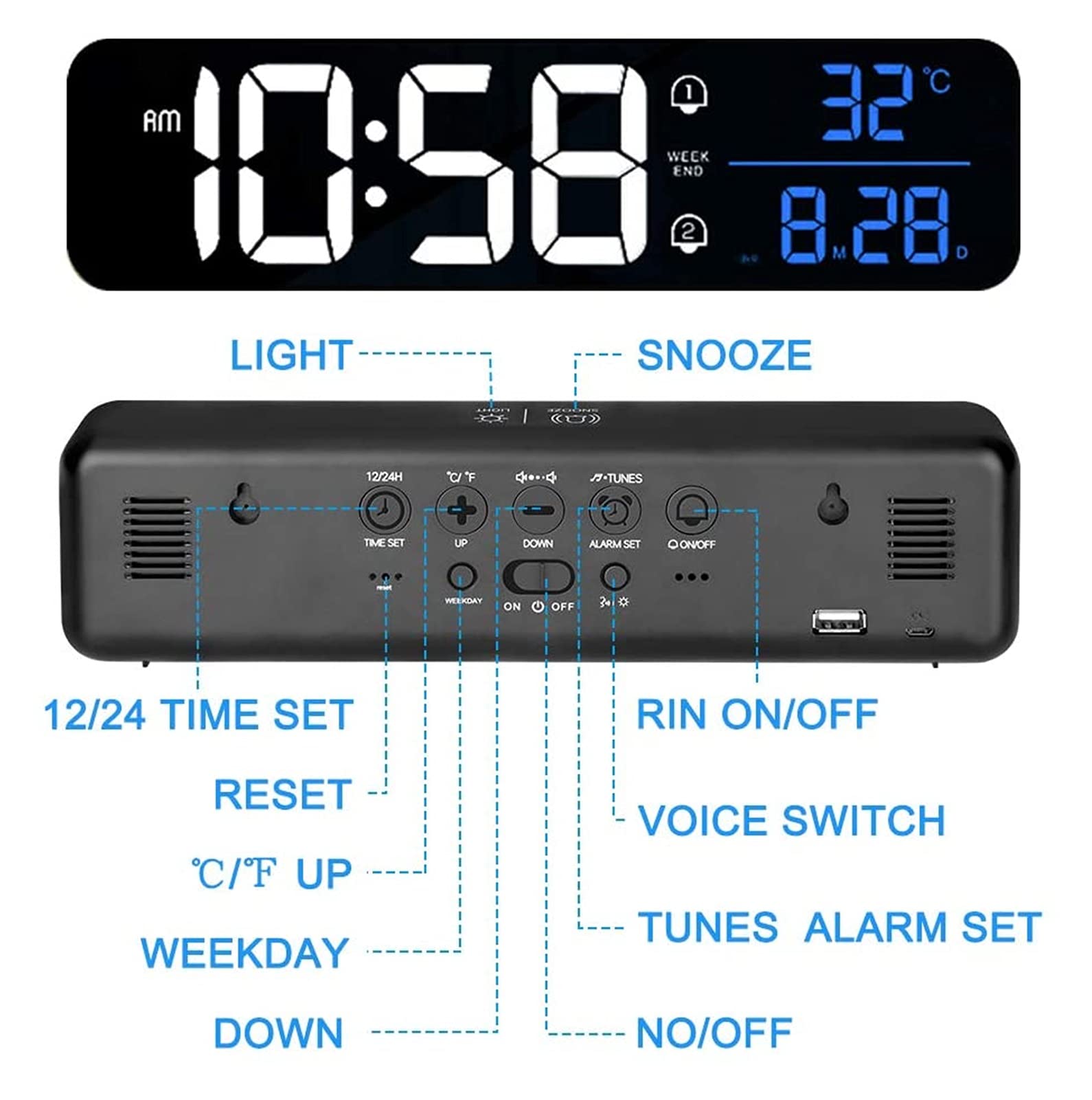 Budzik do sypialni Aceshop 10.4" DOPROWADZIŁO Mirror Bedside Clock Akumulator elektryczny budzik z temperaturą i datą, 40 Muzyka, Dual Alarm, Snooze, 5 Jasność Ściemniana, do Home Office Travel