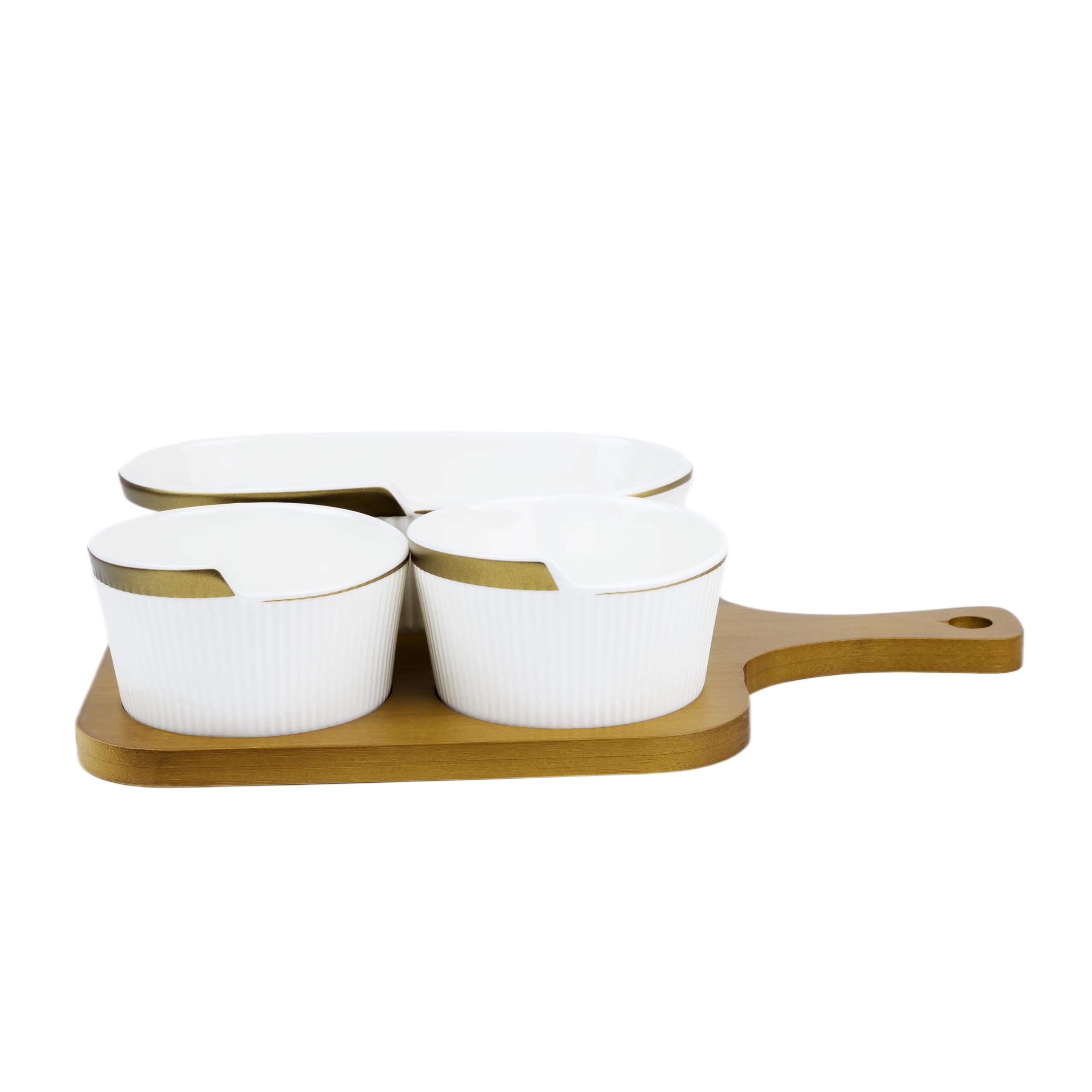 Bone China Shallow Porcelain New Verde 3-Compartment Serving Set with Bamboo Tray - Elegant Culinary Presentation