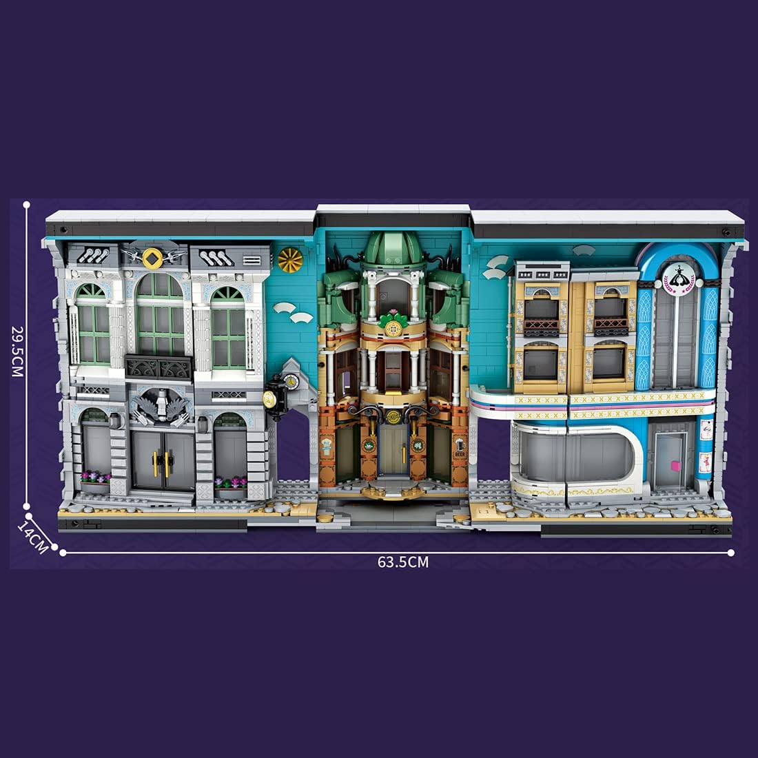 Diagram showing the dimensions of the Reobrix 66032 set: 63.5 cm length, 14 cm width, 29.5 cm height.