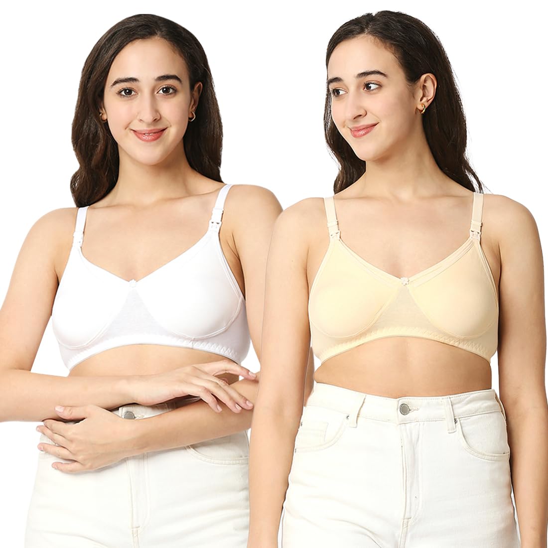 Women's 4 Ways Lycra Maternity Bra | Adjustable Straps, Non-Padded, Non-Wired Nursing Bra | Full Cup Feeding Bra | Post Pregnancy Easy to Breastfeed | Skin and Black, Pack of 2-image-10