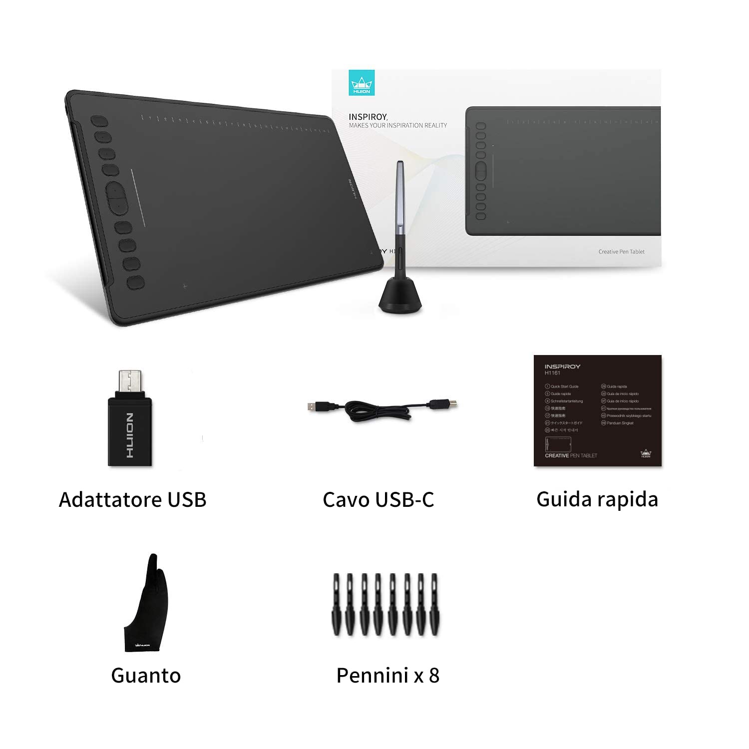 HUION Inspiroy H1161 Tavoletta Grafica con Touch Strip, 26 Tasti | 11 x 6,87 Pollici, Inclinazione ±60°, 8192 Livelli, con Android/Mac/Win, Ideale per il Disegno e la Progettazione Digitale