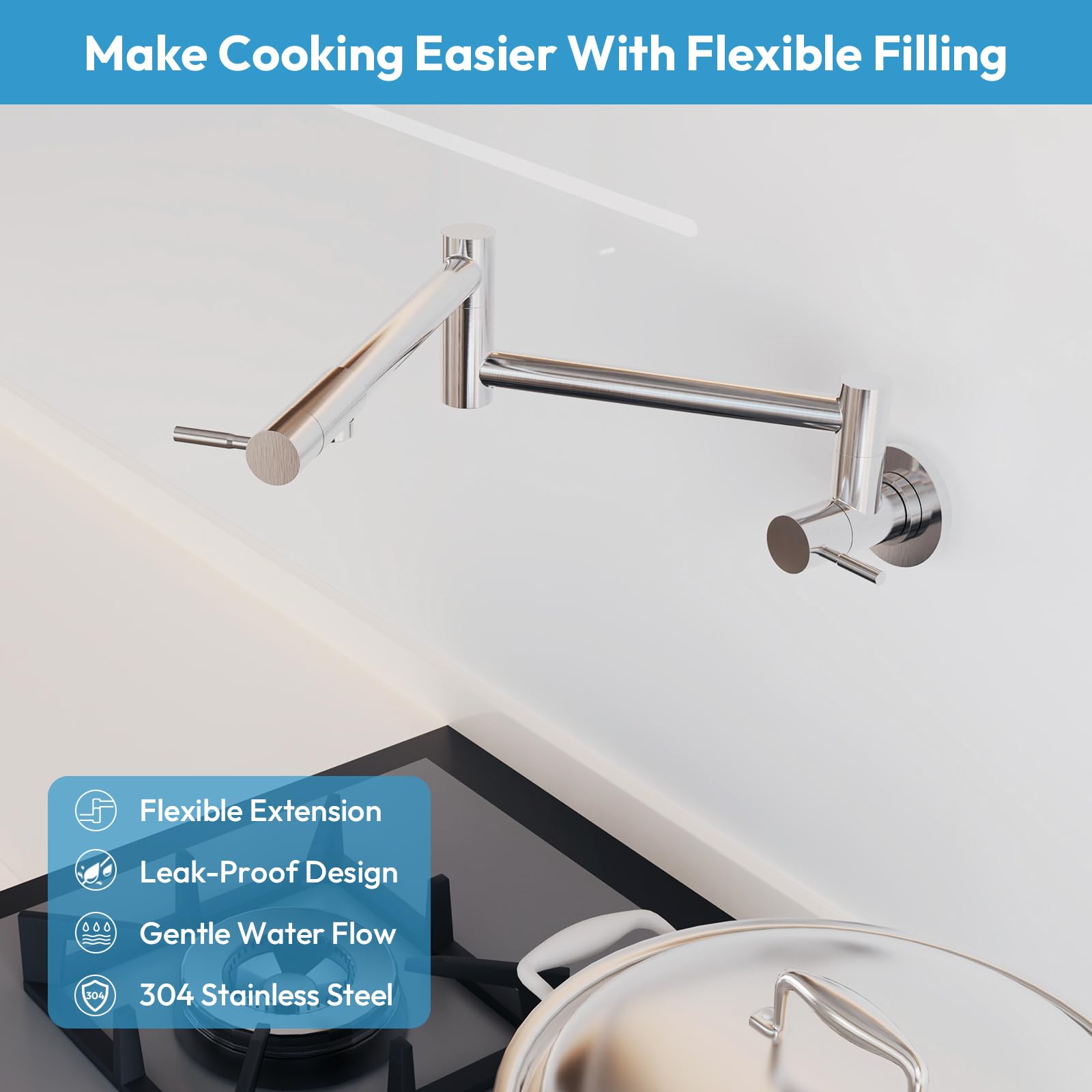 Besdor Grifo de llenado de ollas, de acero inoxidable, níquel cepillado, montaje en pared con brazos oscilantes de doble junta, grifo de cocina plegable de un solo agujero, dos asas, acero inoxidable