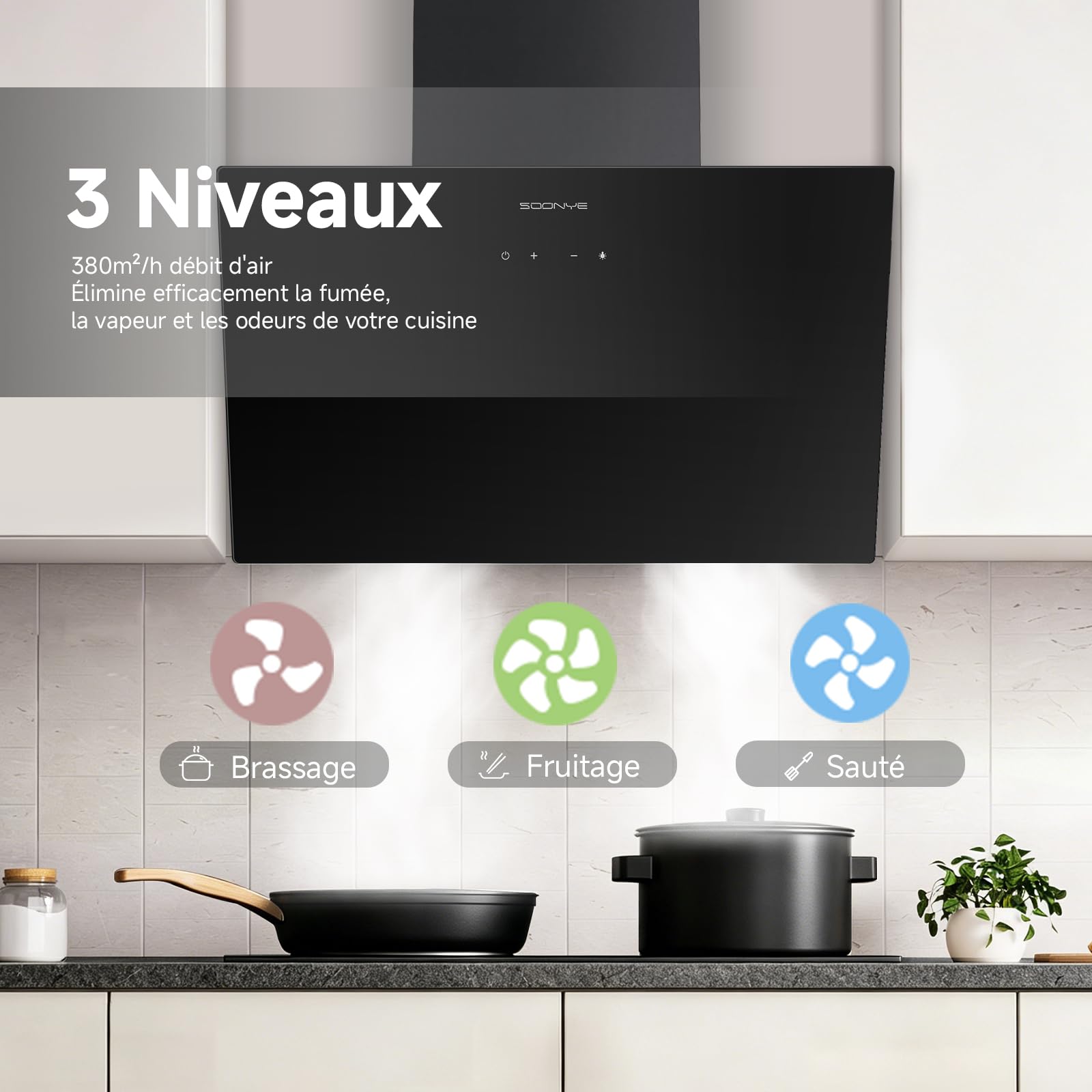 Hotte Aspirante Inclinée 60cm Classe A+++, Hotte de Cuisine 380m³/h, Écran Tactile LED,Filtres à Charbon Inclus,Hotte Murale Évacuation extérieure ou Recyclage,Noir