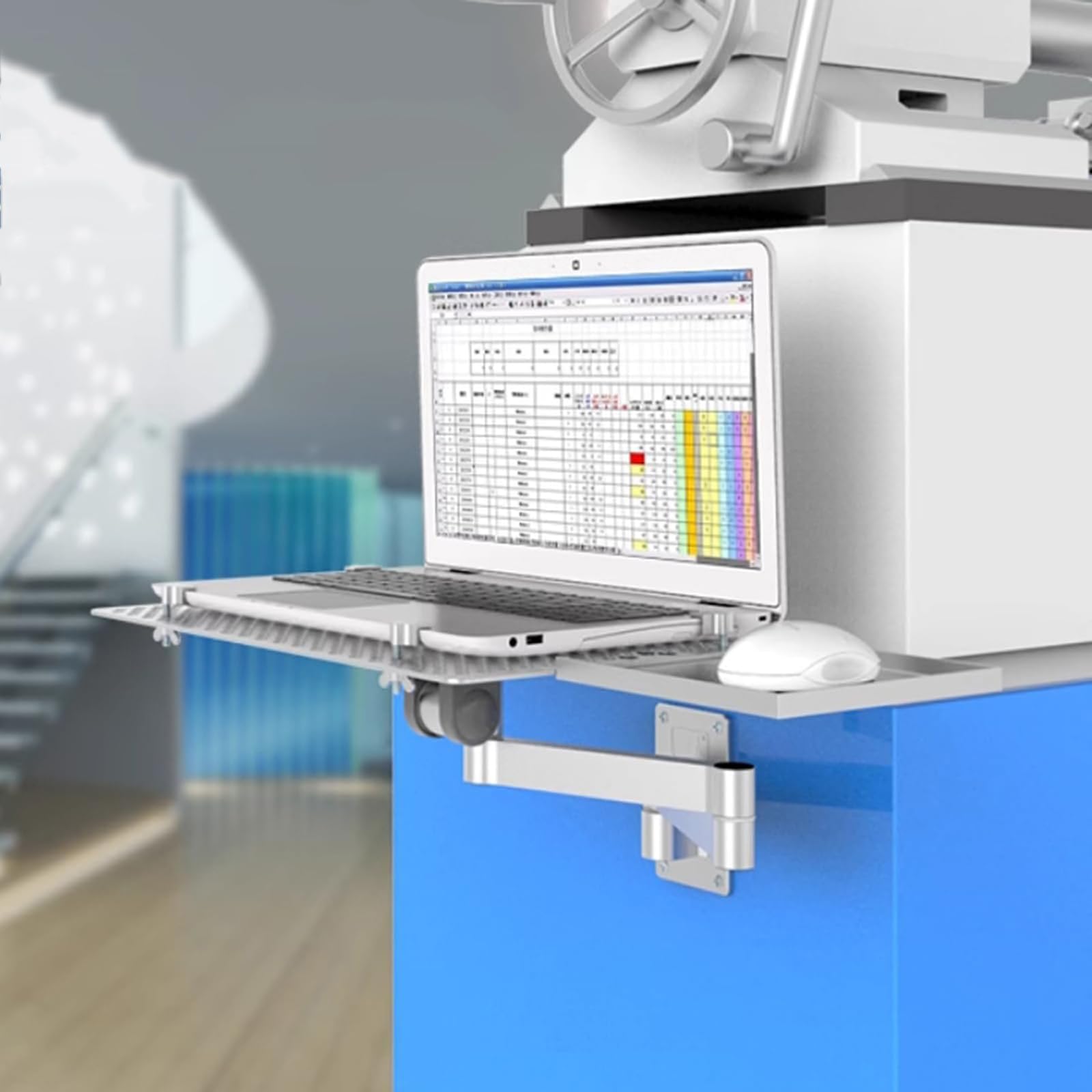 Soporte para Portátil, Estación De Trabajo con Brazo para Pantalla De Ordenador, con Bandeja para Ratón, Ajustable con Rotación De 360°, Plataforma De Refrigeración Ventilada