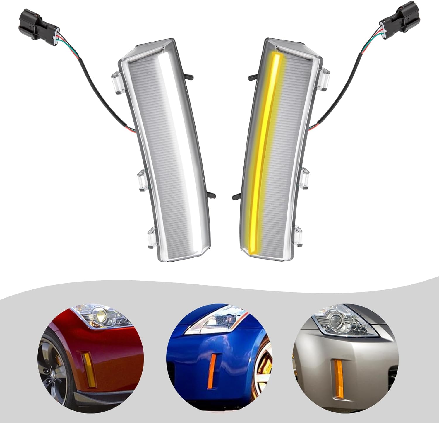 350z Led Side Marker DRL Assembly Front Bumper Reflector Black Switchback LED Daytime Running Lights Turn Signal Lights Fit For 2006-2009 Nissan,OE/OEM Number 26140CF40A 26145CF40A (Left & Right)