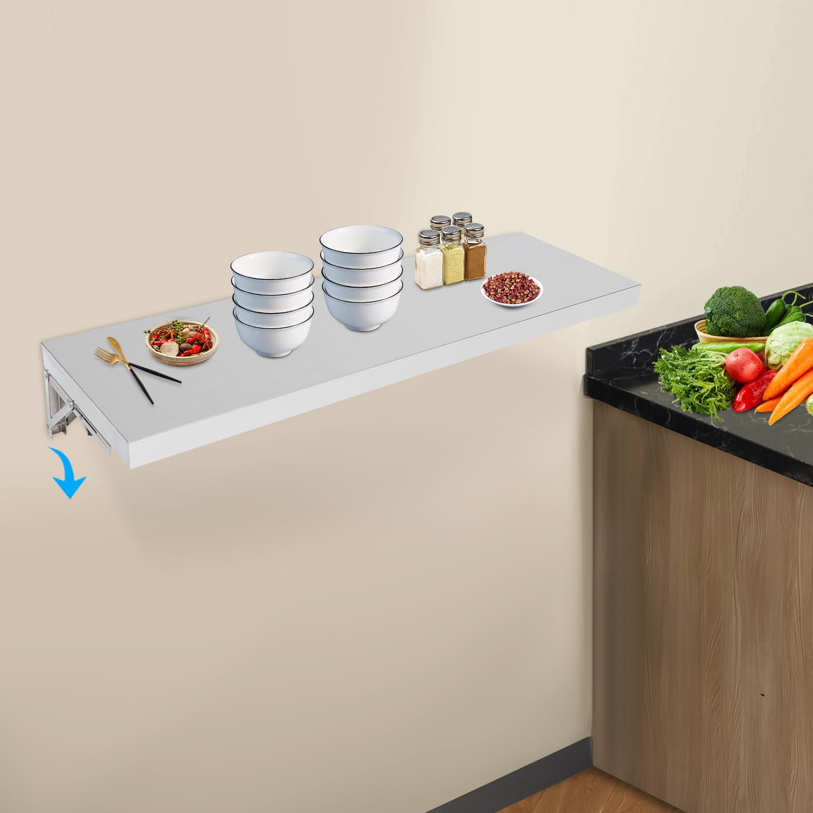 Składany stół ścienny, 100 x 30 x 5 cm, składany regał sprzedażowy, wózek do serwowania potraw, składany regał ścienny do kuchni, hoteli, szpitali