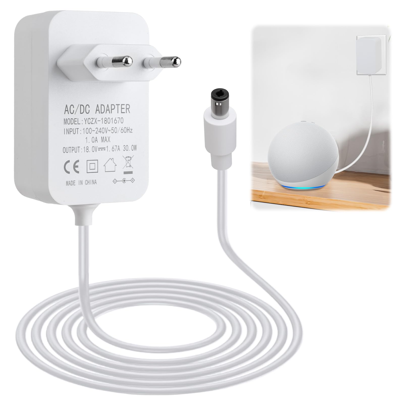 30W Power Cord for Echo Show 8 Echo Show 10 Echo Show 15 Echo Show 21 Echo 3rd and 4th Gen Echo Show 2nd Gen and Echo Plus 2nd Gen Charging Cable 1.5 18V