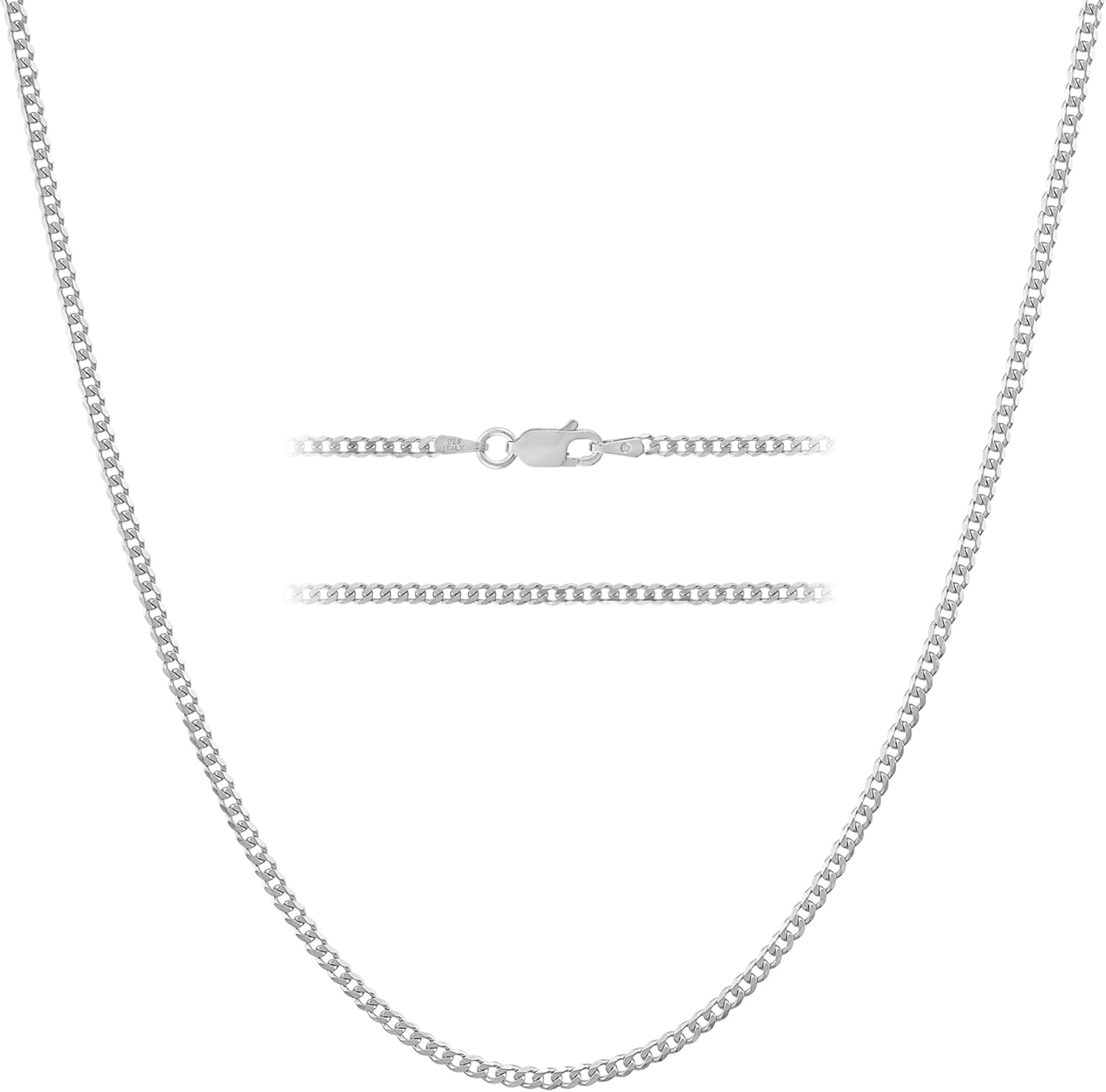 KISPER Italian Solid 925 Sterling Silver Diamond Cut 1.75MM, 2.5mm Curb Cuban Link Chain Necklace - for Men & Women with Lobster Clasp - Made in Italy