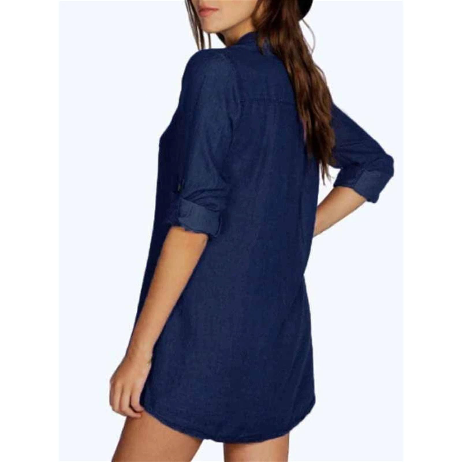 Camisa de mezclilla con solapa para mujer, media manga, botonadura simple, camisa delgada a la moda