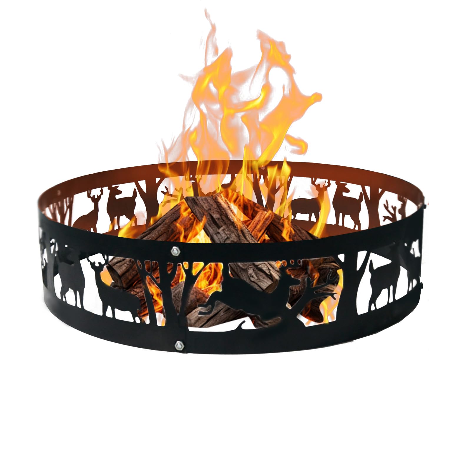 ANDGOAL 36 Inch Fire Pit Ring Portable: 9 Inch Metal Liner Insert Outdoor Wood Burning with Deer Wolf Cutouts - Steel Campfire Rims for Outside