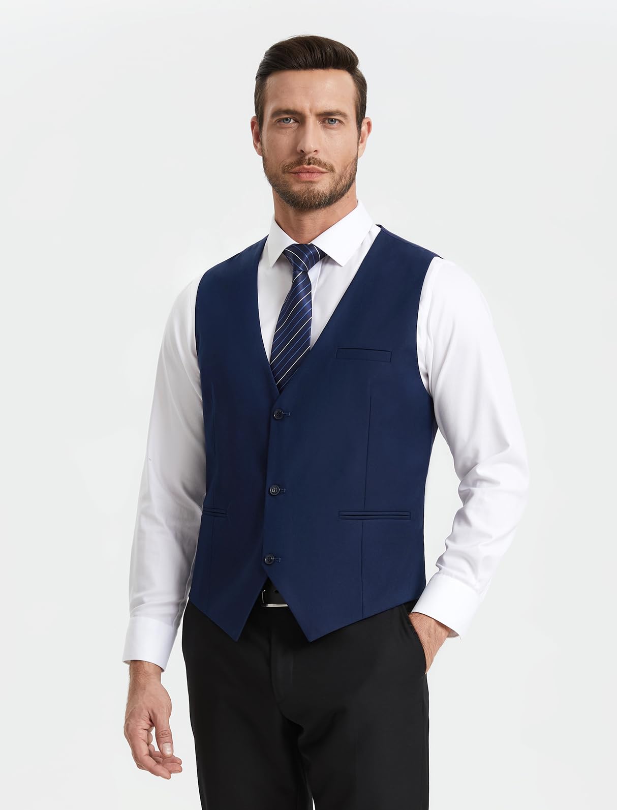 HISDERN Gilet Costume Homme Sans Manches Col en V Ajustable Respirant Léger Formelle Classique Élégante Gilets Hommes avec 3 Boutons Poches pour Bureau Mariage Cérémonie Voyage Taille Régulière S-4XL