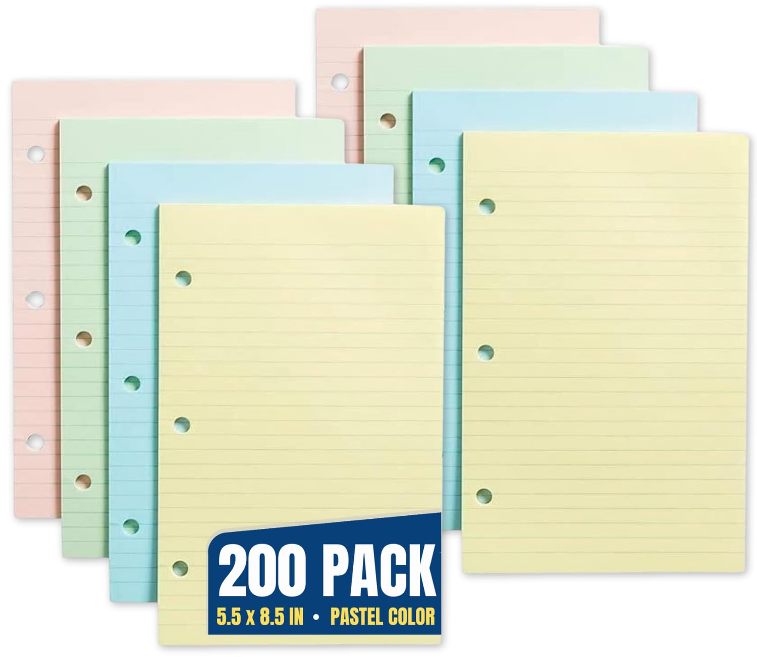 1InTheOffice 5.5 x 8.5 Paper, Pastel, College Ruled Mini Binder Paper, Loose Leaf Paper, Assorted Color, 200 Pack