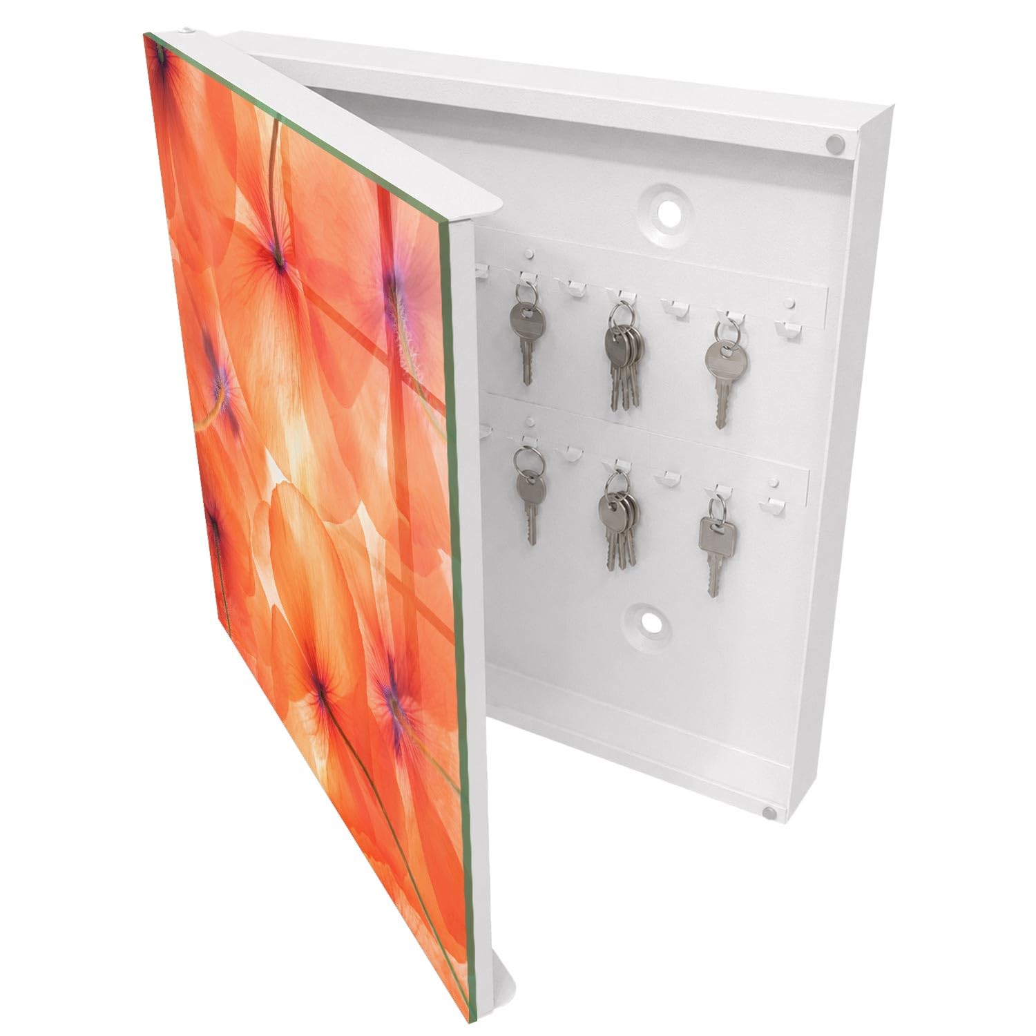 Armadietto Portachiavi 30x30 cm | Bianco | A Sinistra | Montaggio a Parete | Estasi Floreale | in Metallo | Frontale Decorativo in Vetro Temperato | per Uffici | Tasselli e Viti Inclusi