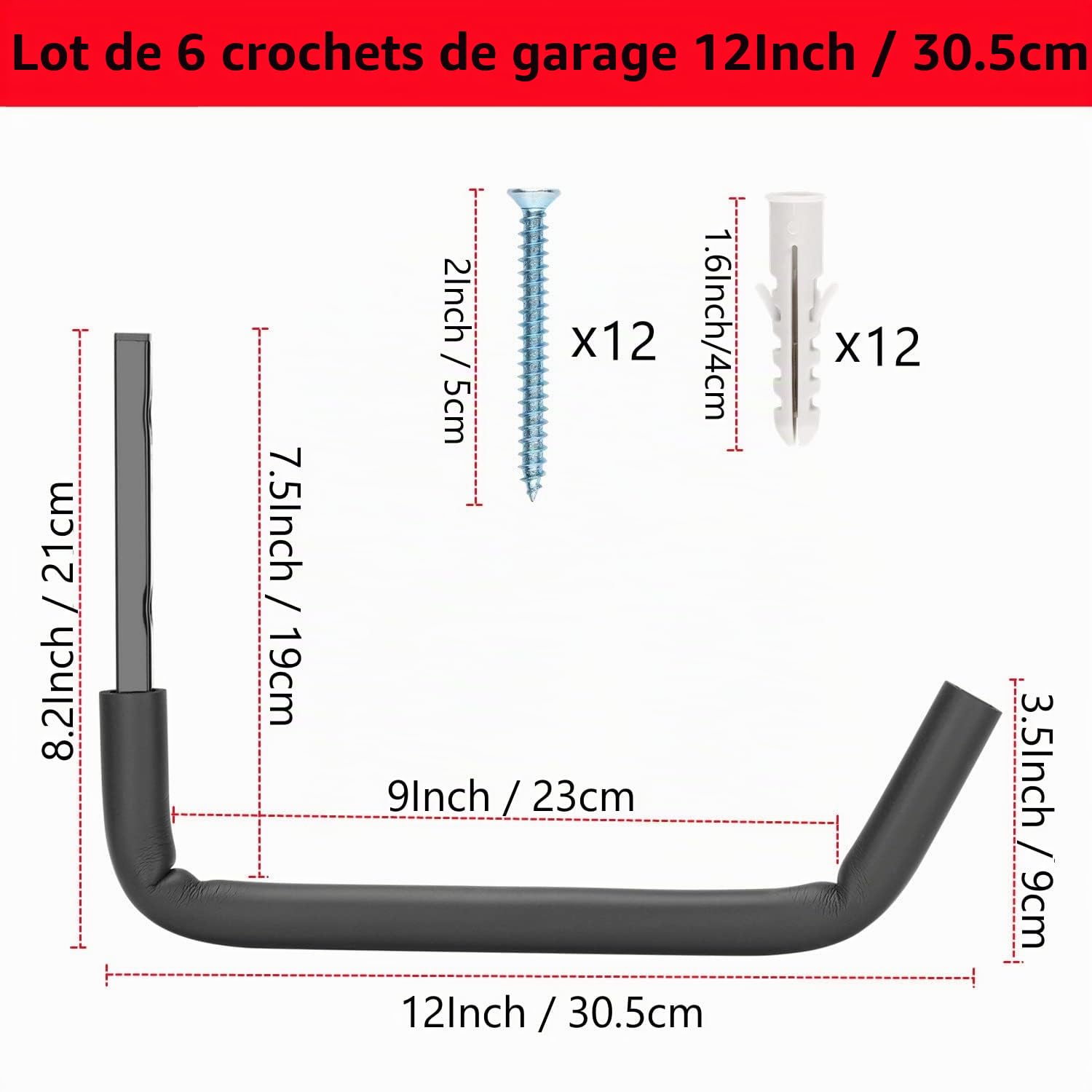Lot de 8 crochets robustes pour échelle de garage avec bras Jumbo de 30,5 cm, support de rangement mural pour vélo, chaises pliantes, vélo et outils de jardin