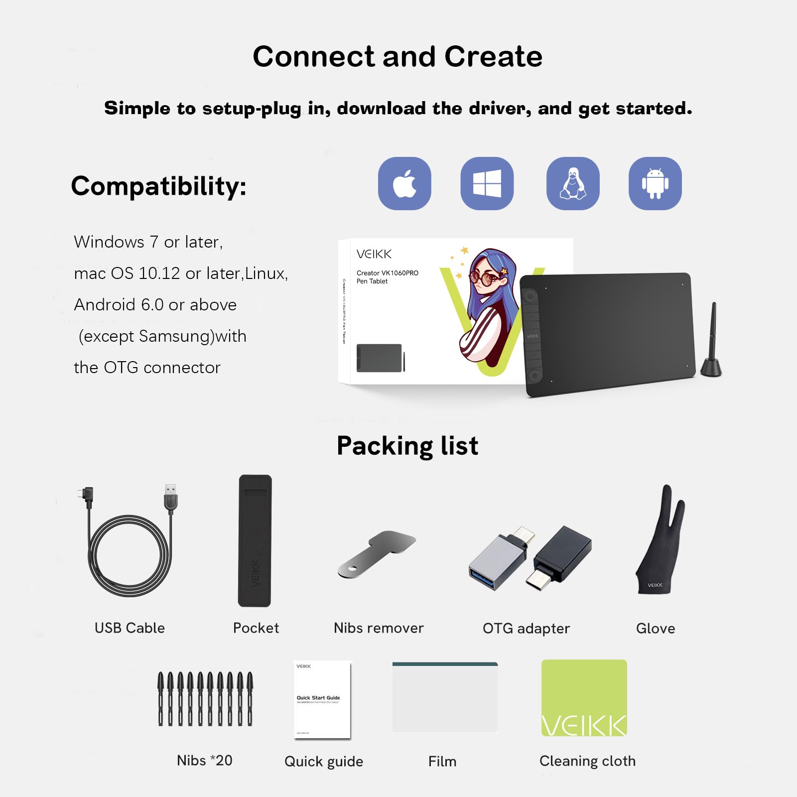 VEIKK VK1060 Pro Tableta Gráfica de Dibujo, 10 x 6 Pulgadas Tableta Dibujo con 2 Ruedas de Desplazamiento y 6 Teclas de Acceso Rápido, ​Compatible con Android, Mac,Chrome OS,Windows, Linux