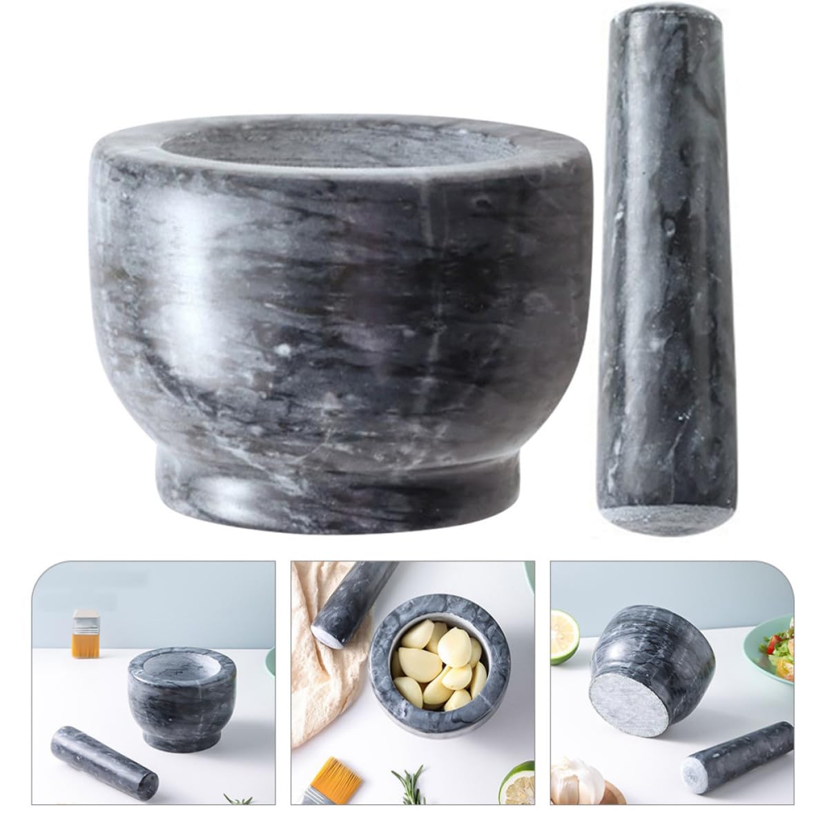 Mortero de Mármol Portátil para Triturar Ajos, Herramienta Manual para Cocina en Hogar y Restaurante, Diseño Compacto y Duradero Negro