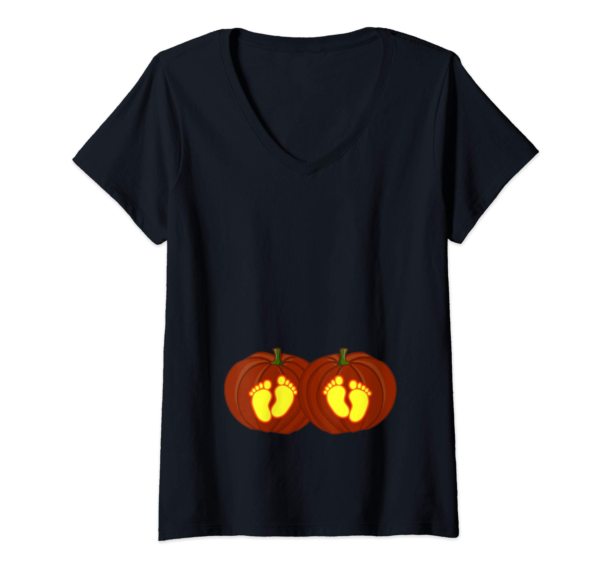Tienda de Halloween para embarazadas de CheesyB Mujer Divertido disfraz de Halloween de embarazada Calabaza gemela Camiseta Cuello V