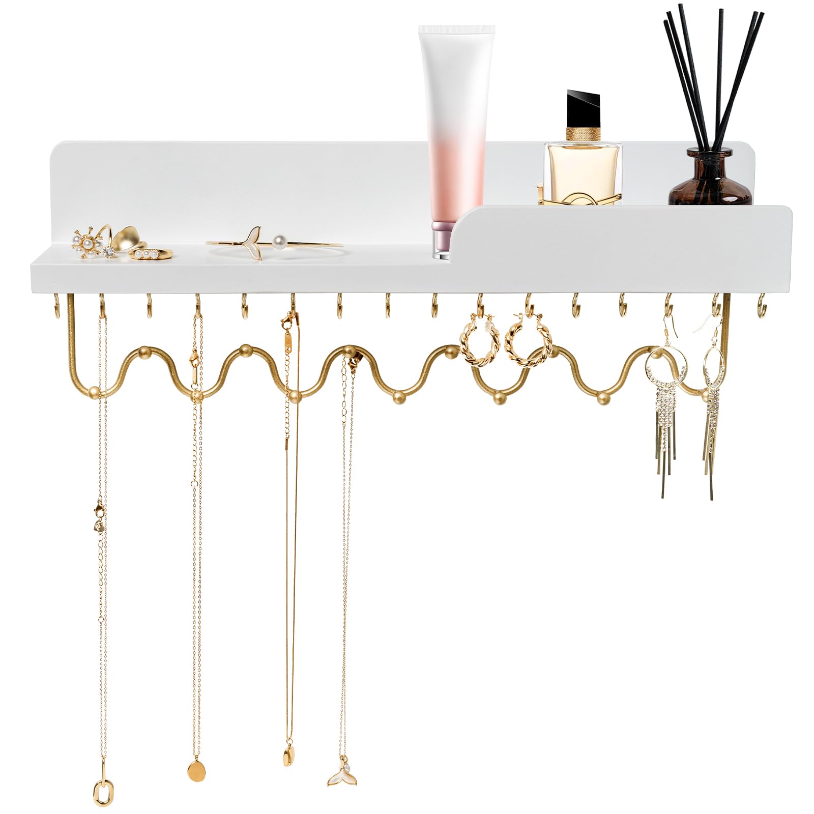 Lampaggio 29 Hooks Wall Mount Necklace Holder Organizer, White Decorative Wood Jewelry Shelf with Gold Metal Wave Bar and Guardrail for Necklace, Pendant, Chain, Bracelet