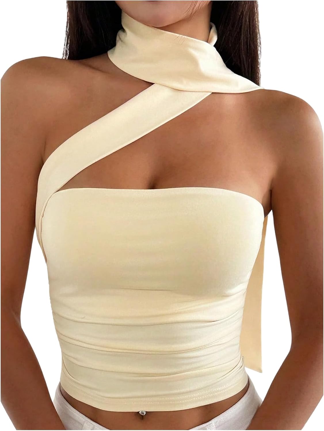 GORGLITTER Women's Halter Scarf Crop Tops Boho Going Out Tops Off The Shoulder Sleeveless Club One Shoulder Tank Tops