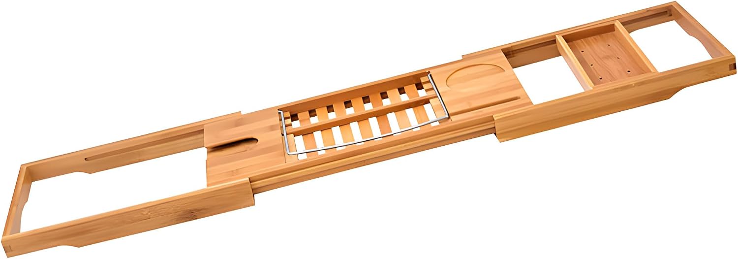 Expandable Teak Bathtub Tray with Holder Phone Mount Storage Design Adjust Shelf