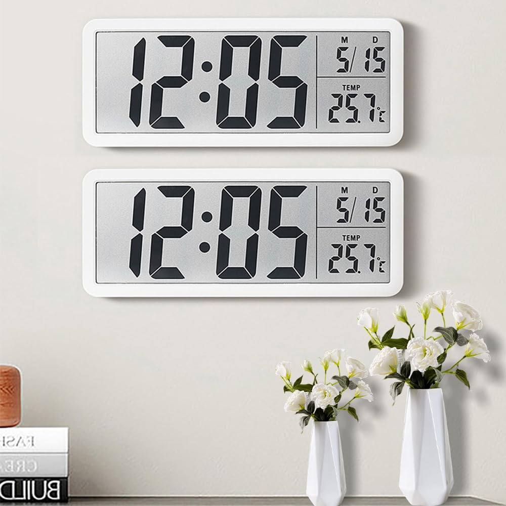 Jonuin 2 Pack Digital Wall Clock, 8'' LCD Digital Wall Clock with Time, Temperature, Date Display, Battery/USB Operated Wall Clocks for Living Room, Bedroom, Kitchen, Desk (White)