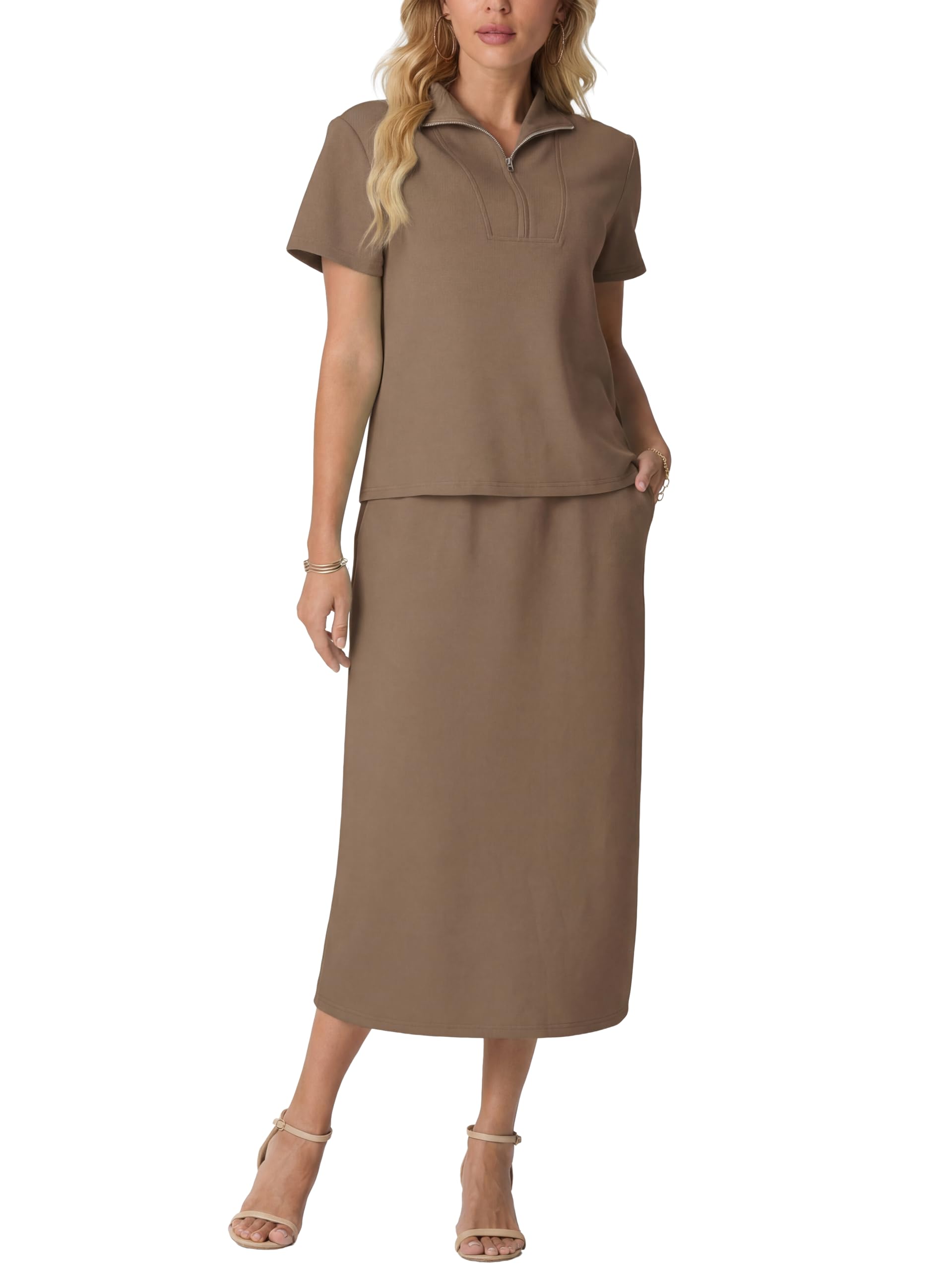 GRECERELLE Ensemble complet de survêtement d'été pour femme - Tenue deux pièces à manches courtes et demi-fermeture éclair - Pull décontracté et jupe midi à taille élastique avec poches